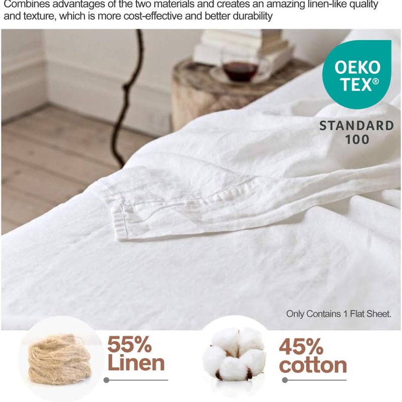 BISELINA Linen Sheet French Flax Flat Sheet Only 55% Euro Linen 45% Cotton Basic Style Solid Color Soft Breathable Farmhouse Top Sheet 1-Piece (King, White) - Image 2